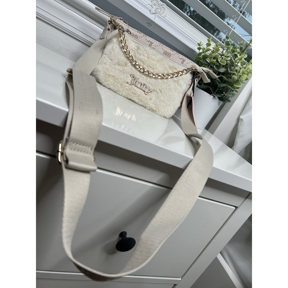 Juicy Couture Double Trouble Crossbody Bag Off White Beige Gold Chain Zip Pocket